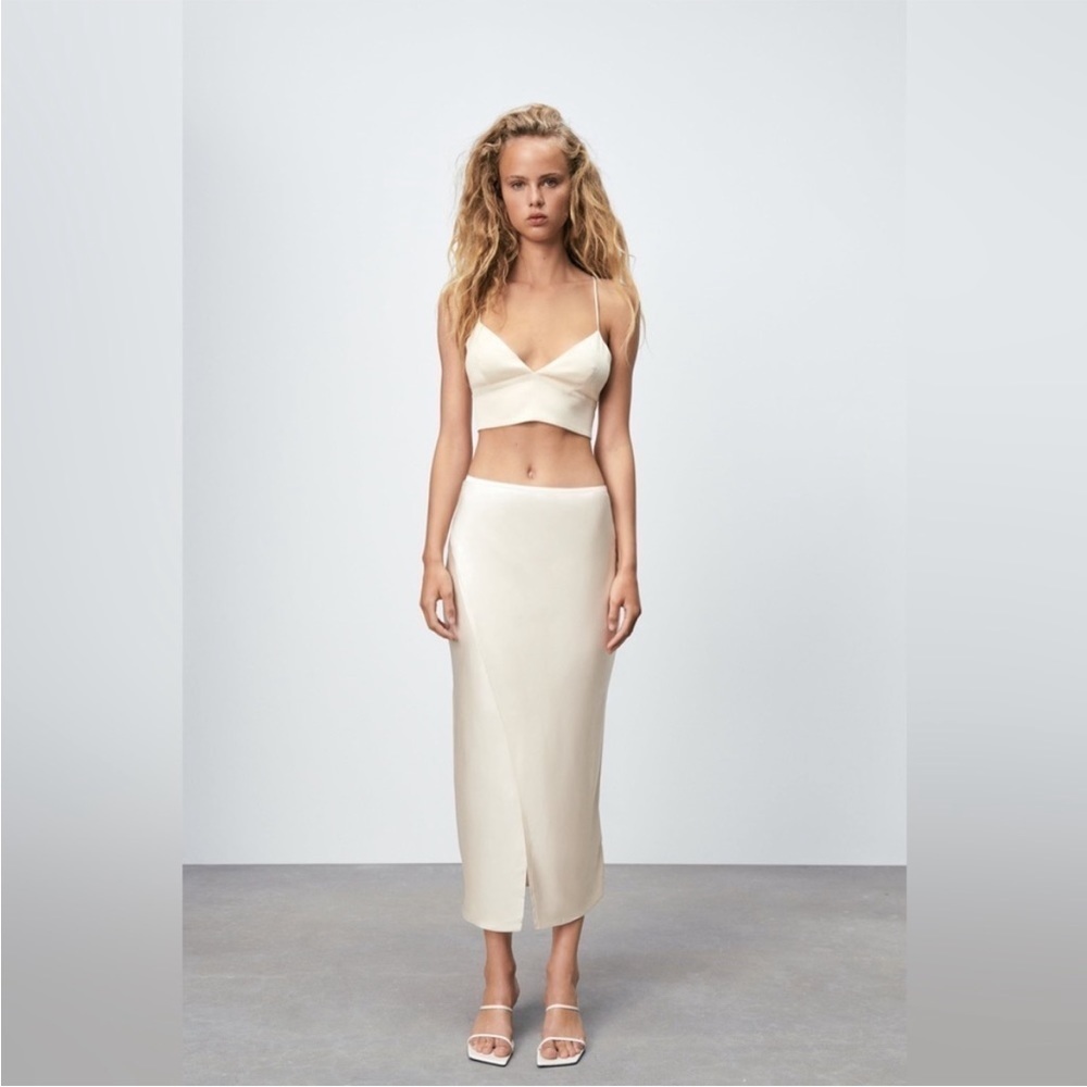 Zara Silky Satin Off White Bone Split Hem Stretch MIDI Skirt